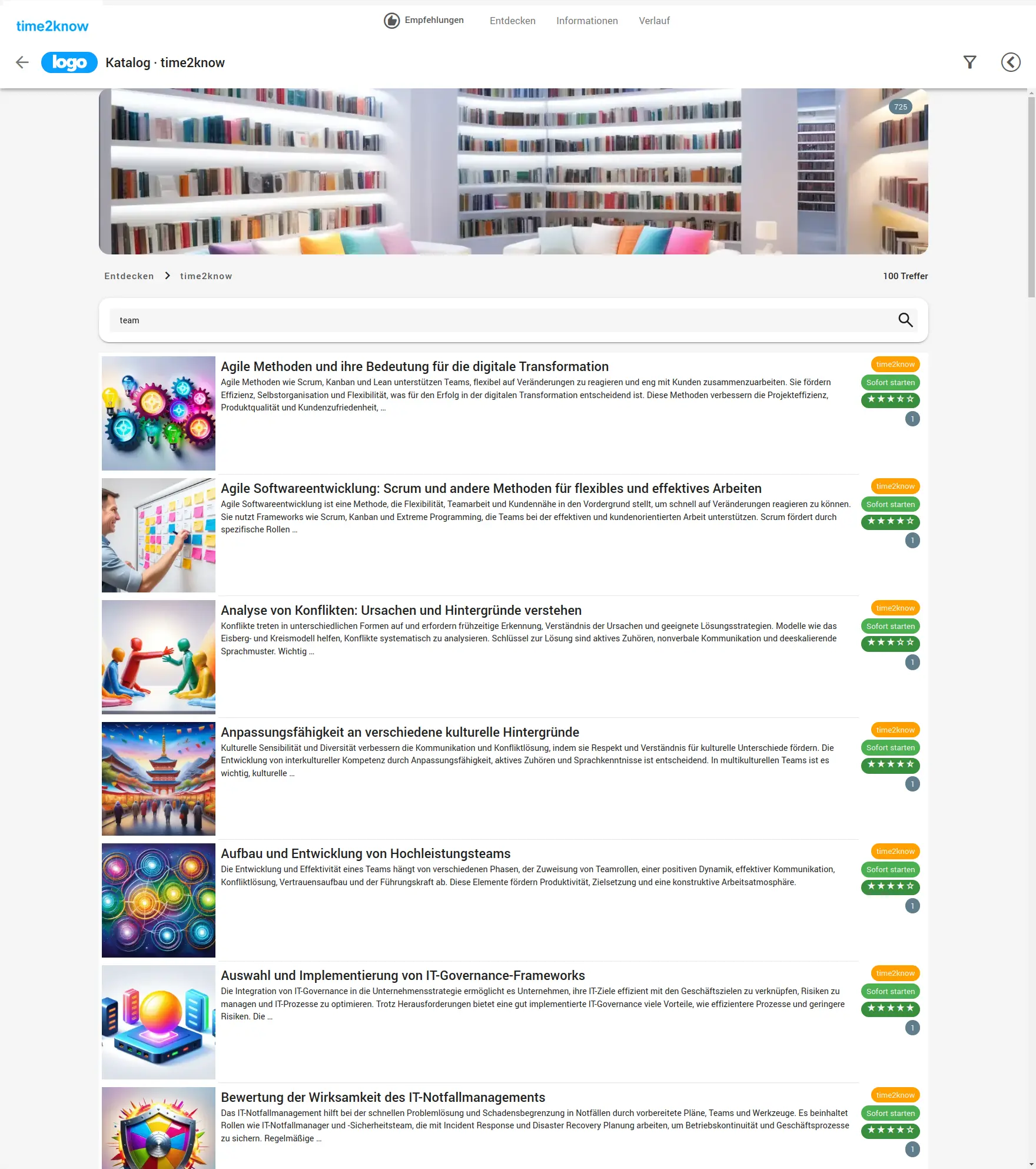 Screenshot mit den Online-Kursen aus der time2know Content Library zum Stichwort Lean