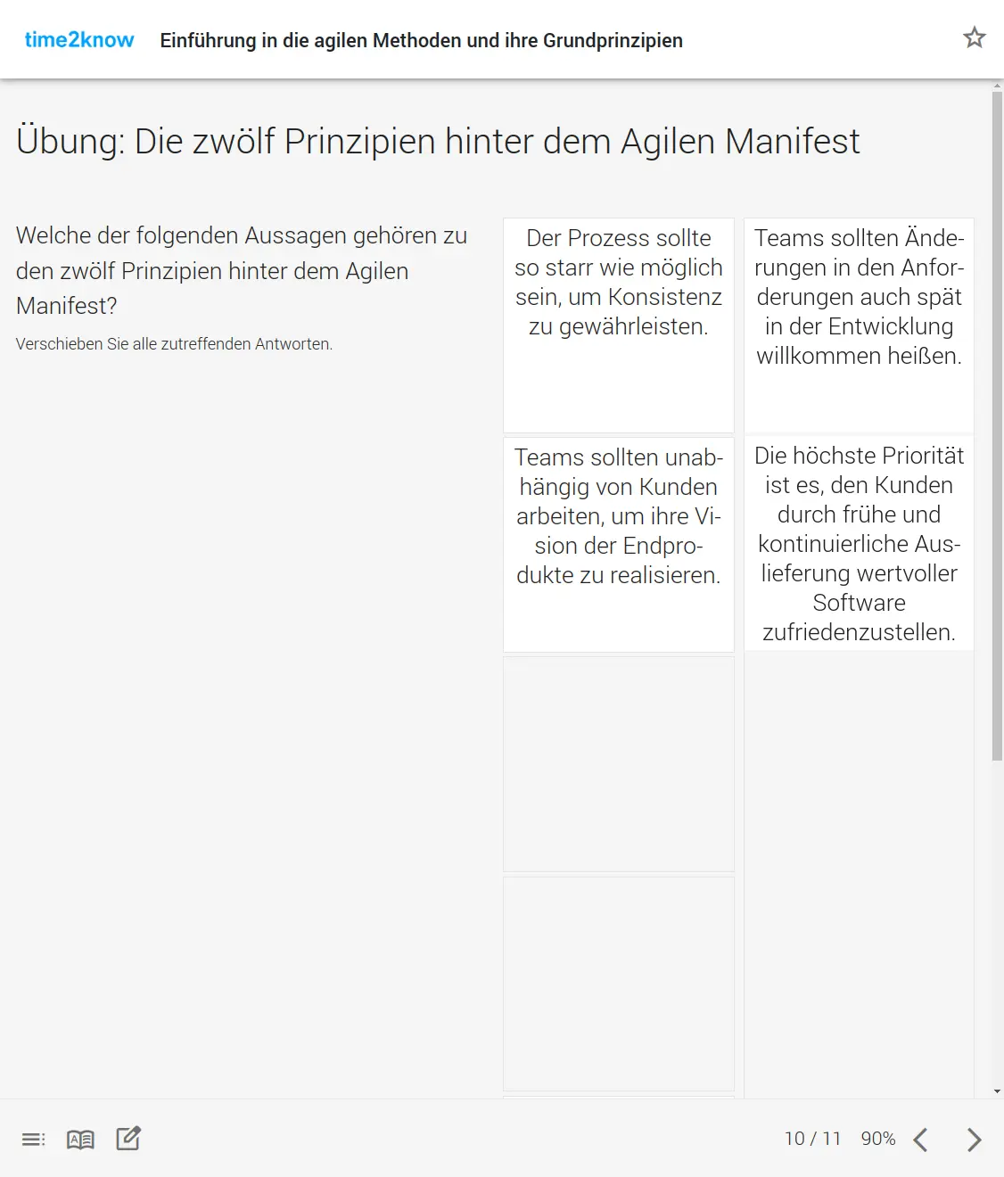 Screenshot mit einer Drag & Drop- Übung zu den 12 Prinzipien hinter dem Agilen Manifest aus dem time2know Online-Kurs agilen Methoden  in der Kategorie Business