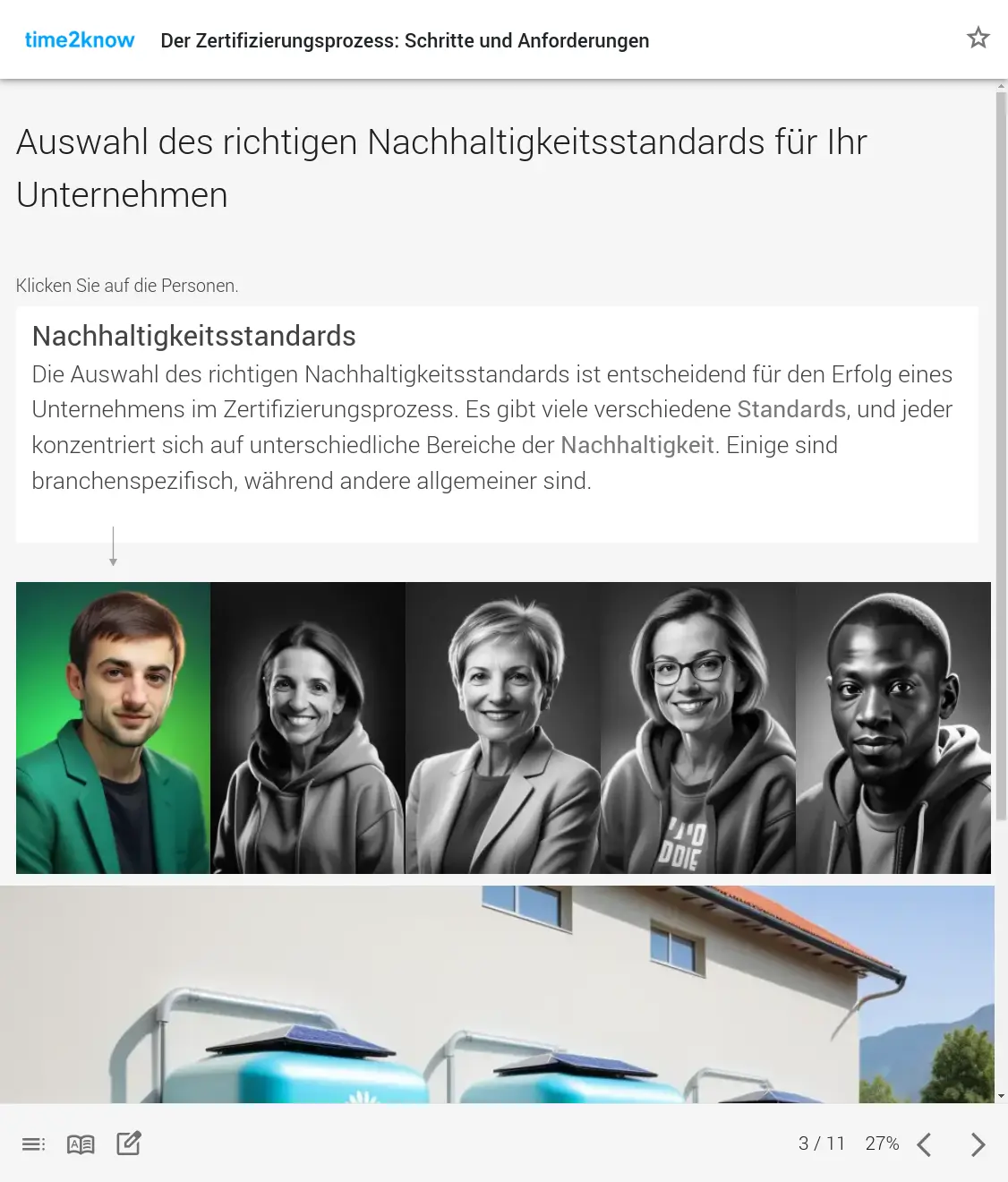 Screenshot einer explorativen Seite zur Auswahl des richtigen Nachhaltigkeitsstandards aus dem time2know Online-Kurs zur Zertifizierung im Kontext Nachhaltigkeit