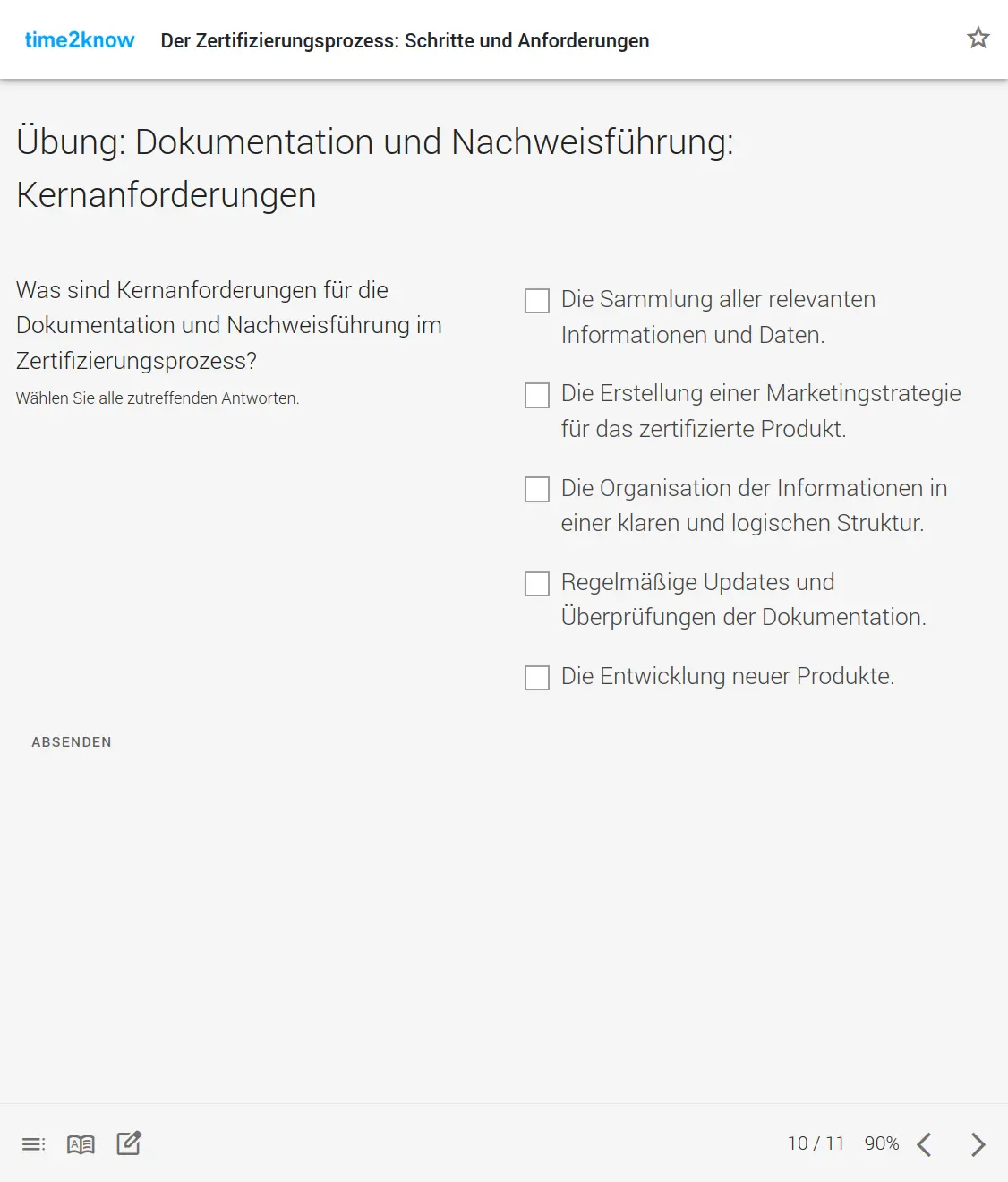 Screenshot einer Multiple-Choice-Übung zur Dokumentation und Nachweisführung aus dem time2know Online-Kurs Zertifizierungsprozess im Kontext Nachhaltigkeit