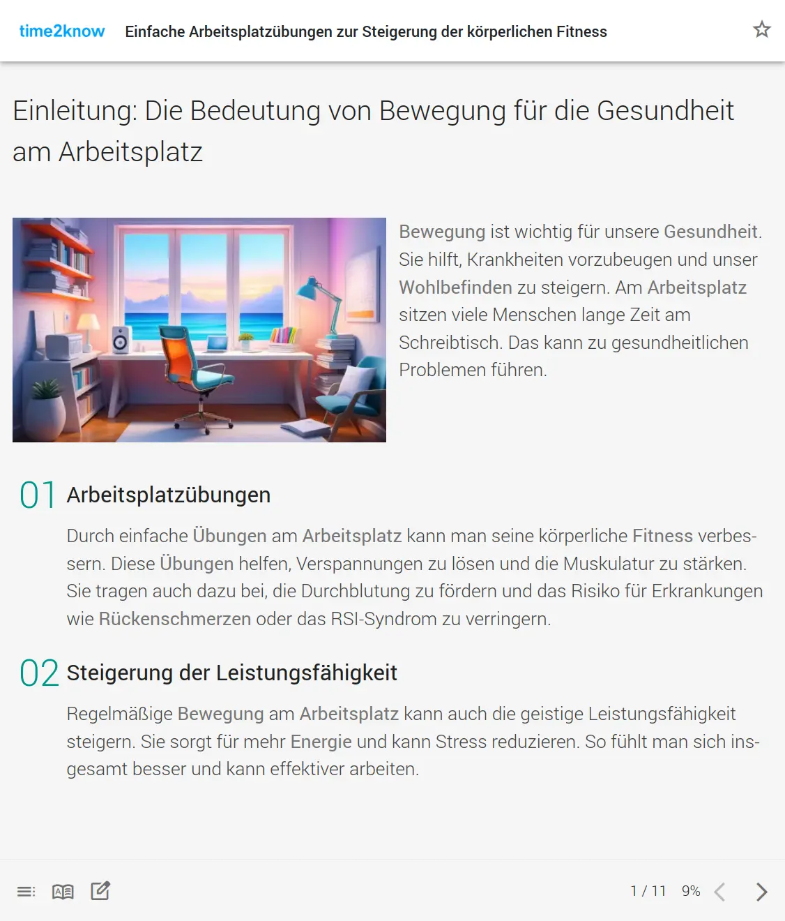 Screenshot einer Informations-Seite zur Bedeutung von Bewegung am Arbeitsplatz aus dem time2know Online-Kurs zu Übungen zur Steigerung der körperlichen Fitness