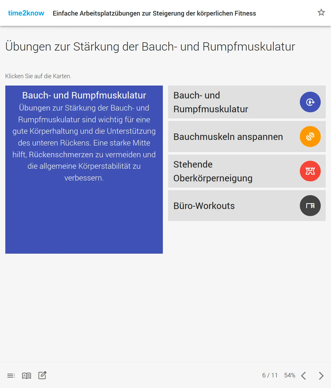 Screenshot einer explorativen Seite mit konkreten Übungen zur Stärkung der Bauch- und Rückenmuskulatur aus dem time2know Online-Kurs Steigerung der körperlichen Fitness am Arbeitsplatz