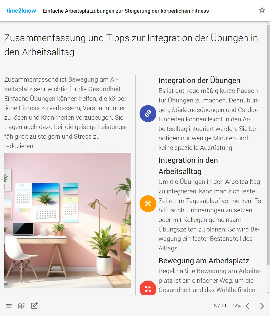 Screenshot einer Seite mit einer Zusammenfassung und Tipps zur Integration von Übungen in den Arbeitsalltag aus dem time2know Online-Kurs zur Gesundheit am Arbeitsplatz