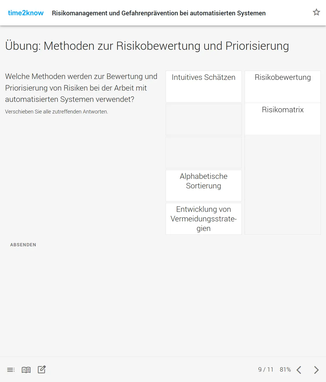 Screenshot einer Drag & Drop-Übung zu Methoden der Risikobewertung aus dem time2know Online-Kurs Risikomanagement in der Automatisierung