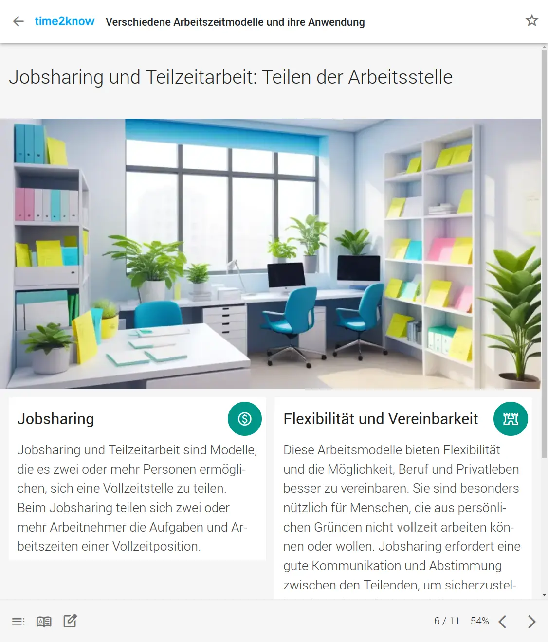 Screenshot mit einer Informations-Seite zu Jobsharing und Teilzeitarbeit aus dem time2know Online-Kurs zu Arbeitszeitmodellen