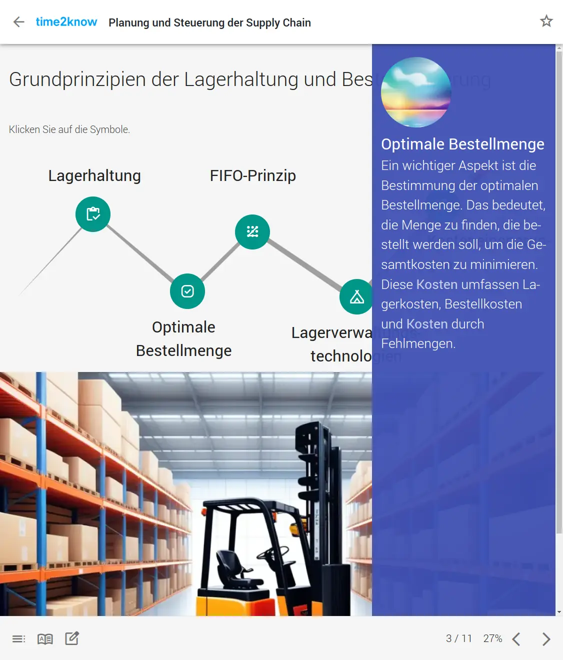 Screenshot mit einer explorativen Seite zu Grundprinzipien der Lagerhaltung aus dem time2know Online-Kurs zur Supply Chain in der Kategorie Business