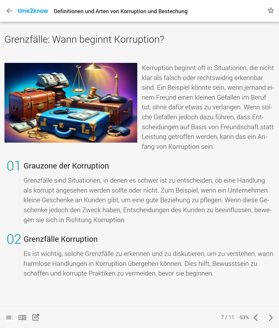 Screenshot einer Informations-Seite zu Grenzfällen der Korruption aus dem time2know Online-Kurs zur Compliance im Zusammenhang mit Anti-Korruptions-Maßnahmen