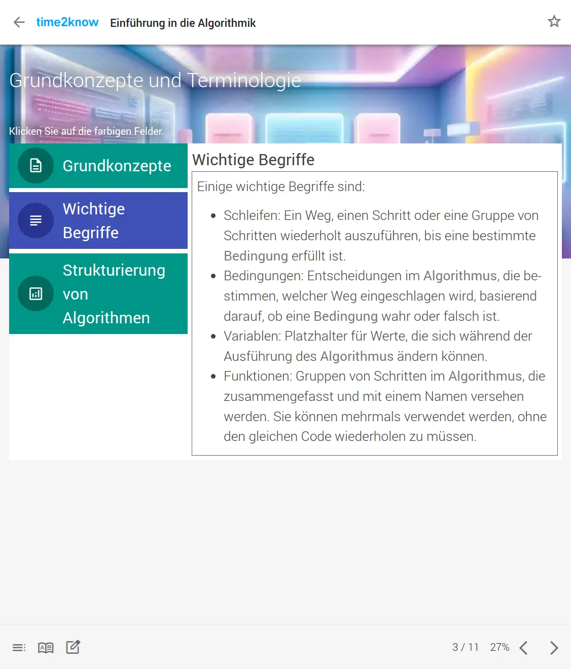 Screenshot einer explorativen Seite zu Grundkonzepten und wichtigen Begriffen aus dem time2know Online-Kurs zur Algorithmik in der Programmierung