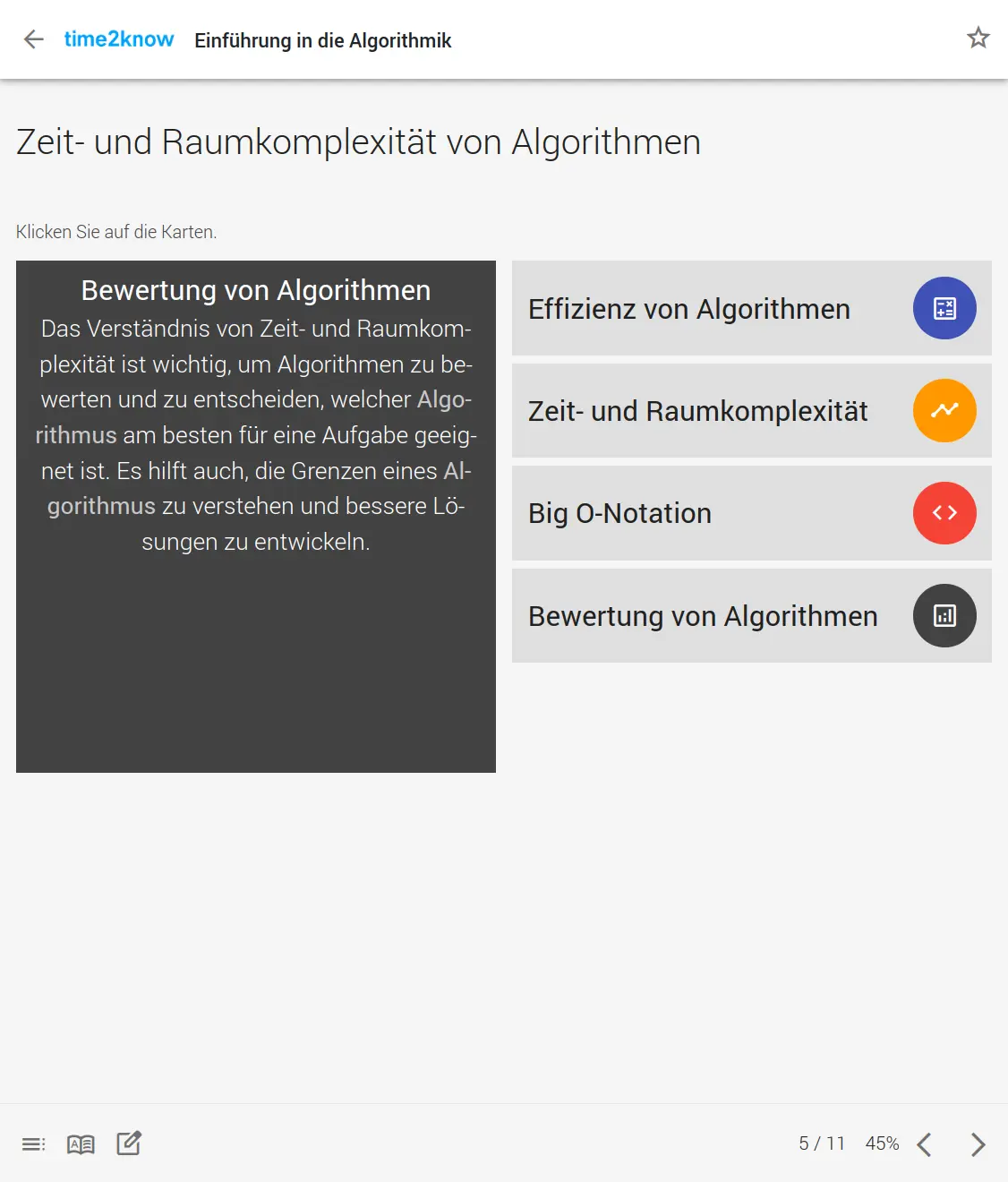 Screenshot einer explorativen Seite zur Zeit- und Raumkomplexität von Algorithmen aus dem time2know Online-Kurs Algorithmen in der Programmierung