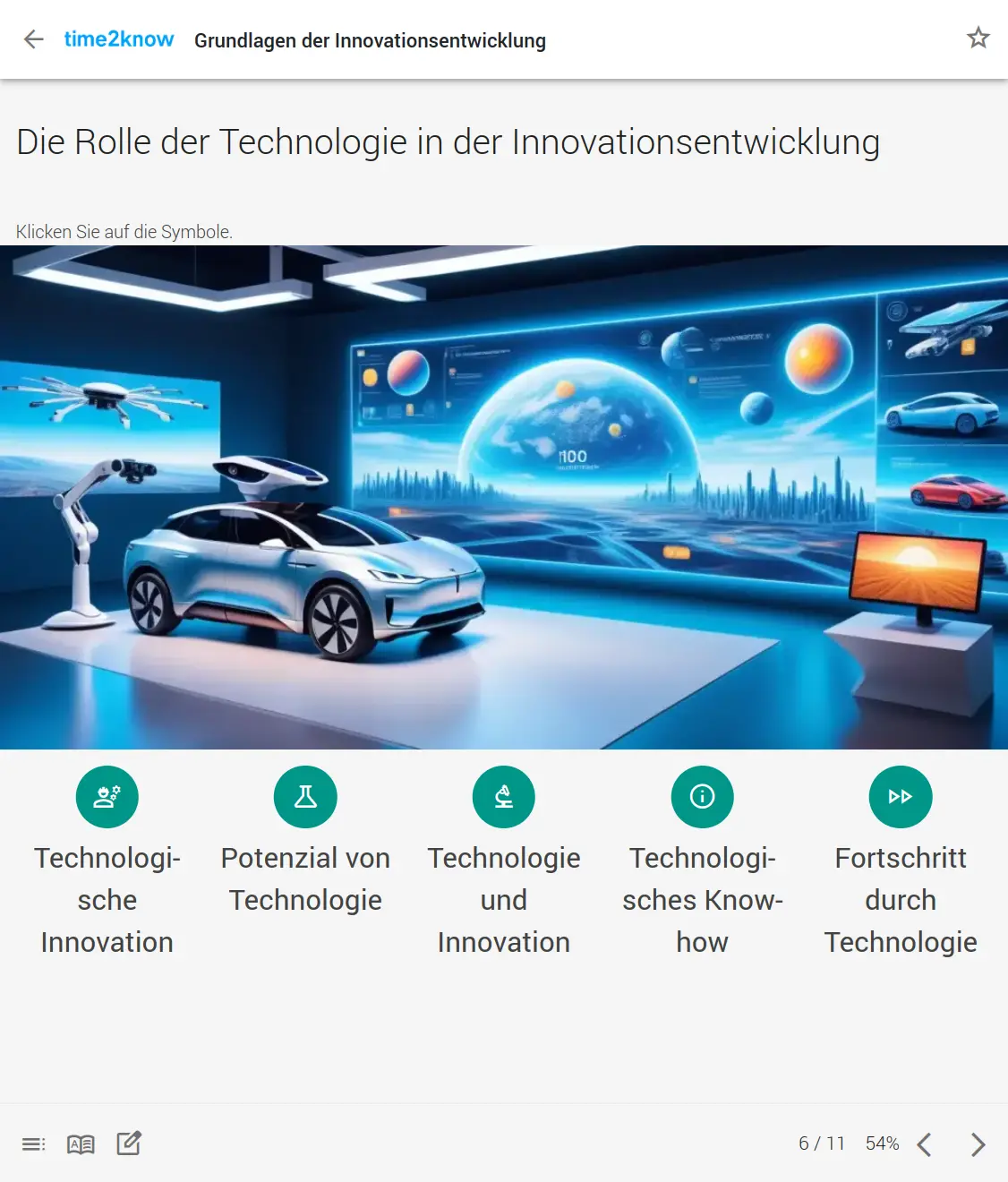 Screenshot einer explorativen Seite Rolle der Technologie aus dem time2know Online-Kurs zur Entwicklung von Innovationen