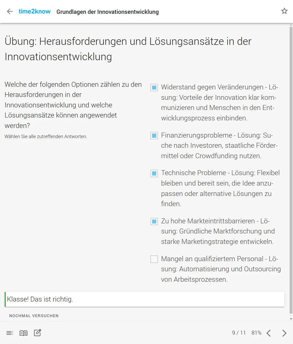 Screenshot einer Multiple-Choice-Übung mit Feedback zu Herausforderungen und Lösungsansätzen aus dem time2know Online-Kurs zur Entwicklung von Innovationen